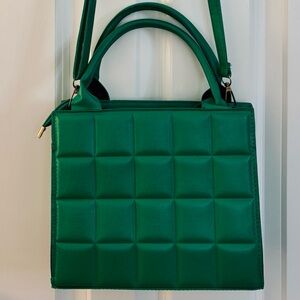 Kelly Green Quilted Shoulder Bag, Geo embossed square, synthetic leather